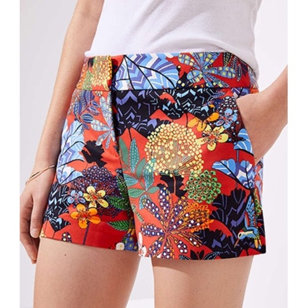 LOFT Riviera Shorts Red Floral Hummingbird Print Cotton Blend Size 8